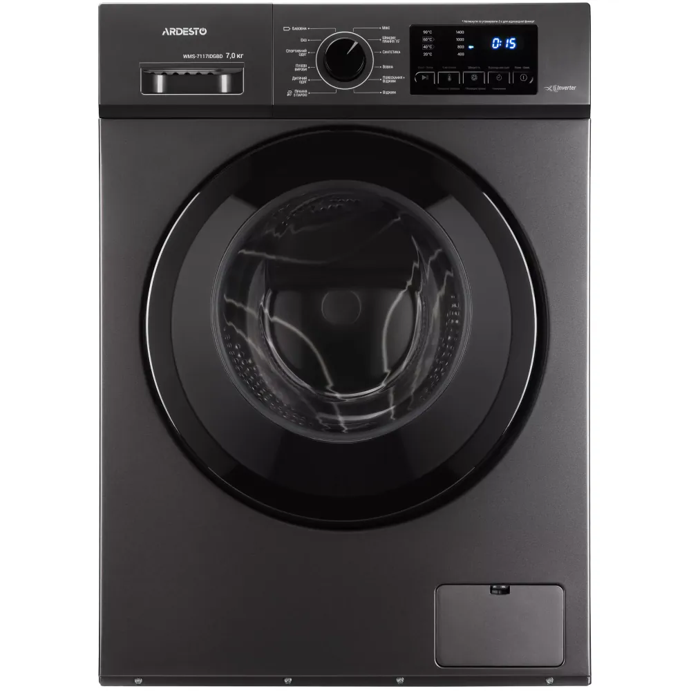 Washing machine ARDESTO front load Black Mars, 7kg, 1400, A+++, 48cm, display, steam, inverter, drum lighting, white (WMS-7117IDGBDI) Washing machine ARDESTO front load Black Mars, 7kg, 1400, A+++, 48cm, display, steam, inverter, drum lighting, white (WMS-7117IDGBDI)