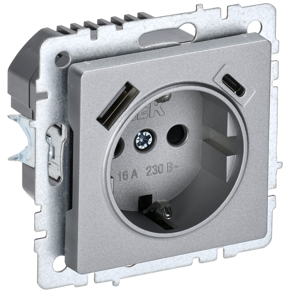 BRITE Torpaqlı rozetka 16A s USB A+C 18Vt RYus11-1-BrA alüminium IEK (BR-R14-16-U22-018-K47)