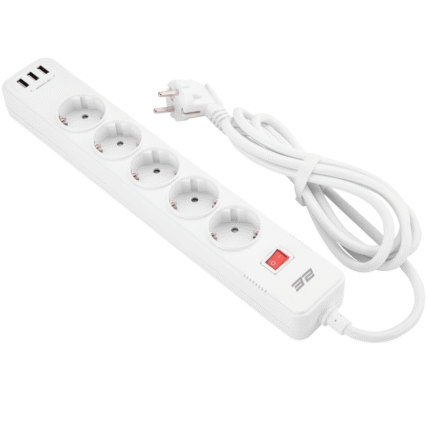 2E Power strip with surge protector 5xType F, 3x1.5mm2, 16A, 3xUSB-A, 2m, white (2E-SP515M2USBWH)