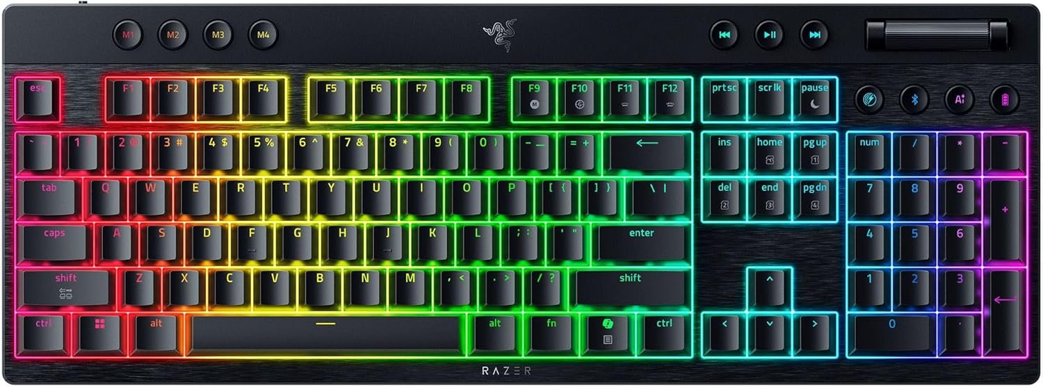 RZ03-05271500-R3M1 Razer Keyboard mechanical BlackWidow V4 Low-profile HyperSpeed, 104key, Yellow Switch, USB-A/WL/BT, EN, RGB, black (RZ03-05271500-R3M1) - Image 1