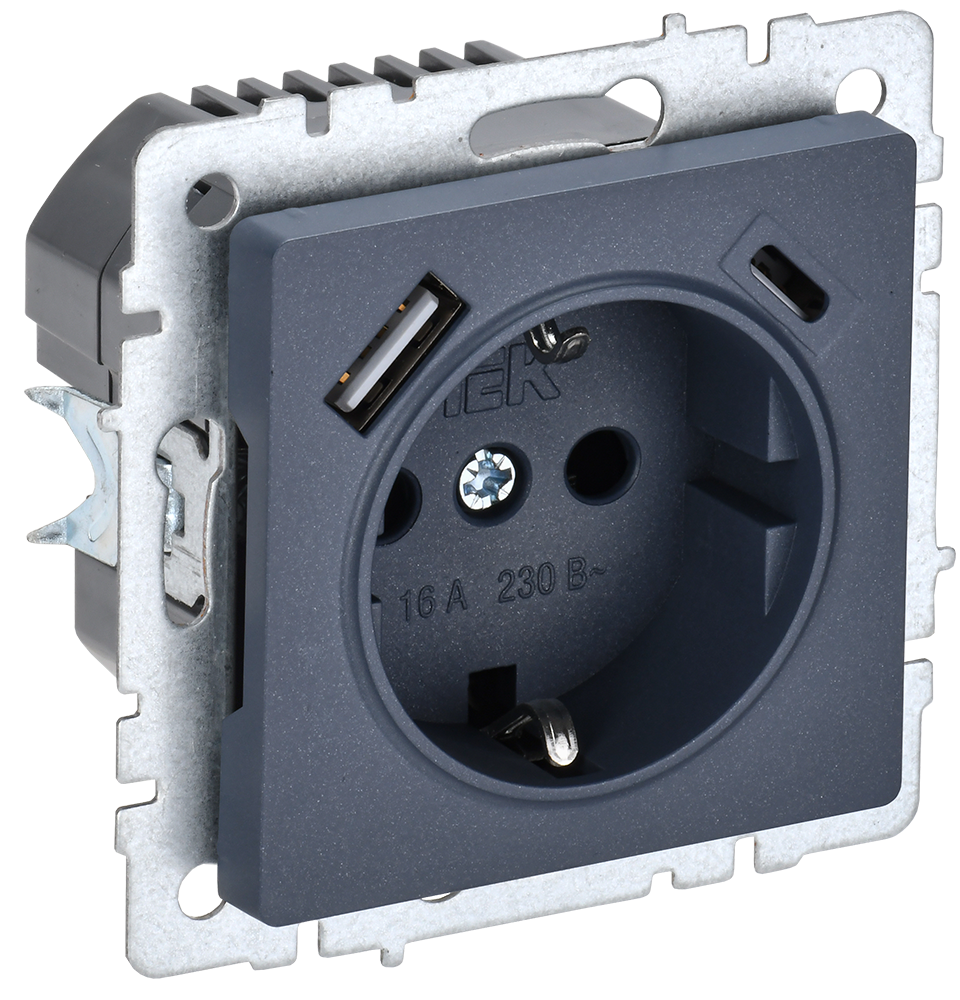 BRITE Torpaqlı rozetka 16A s USB A+C 18Vt RYus11-1-BrM mərcan IEK (BR-R14-16-U22-018-K35)