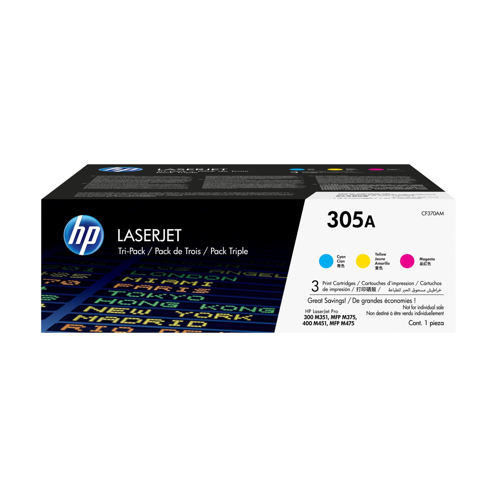 HP 305A 3-pack Cyan/Magenta/Yellow Original LaserJet Toner Cartridges (CF370AM)